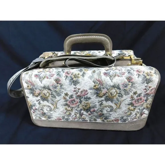 French Luggage Co. Tapestry Suede Rose Train Case Cosmetic Carry-On Doctor Bag